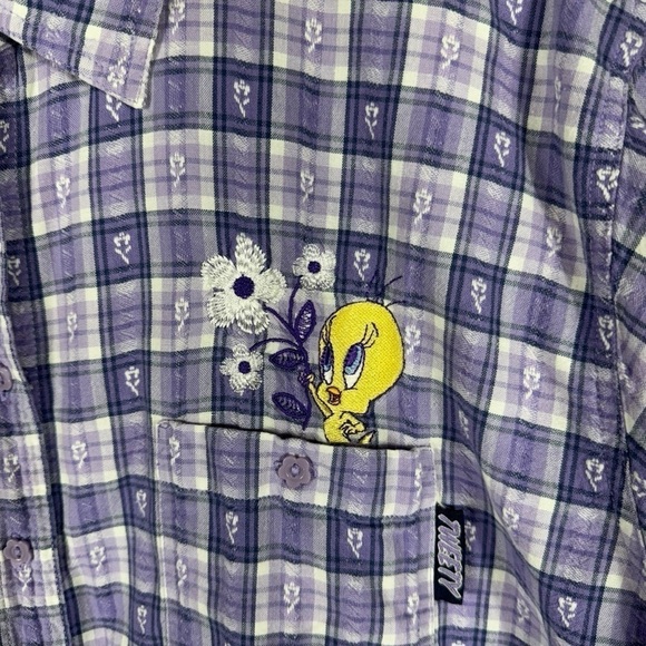 Looney Tunes Vintage Tweety Embroidered Button Up Top, Lilac Plaid, Size 26/28W - Picture 4 of 11